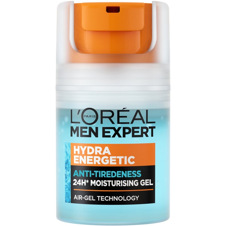 L'Oréal Men Expert Hydra Energetic 50ml fugtgivende ansigtsgel i gennemsigtig flaske med lyseblå gel og orange pumpe.