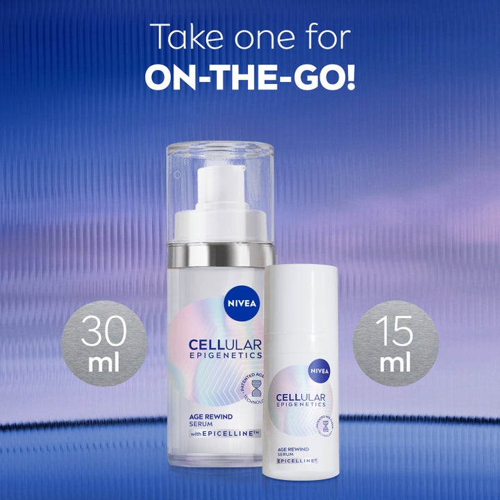 NIVEA Cellular Epigenetics Age Rewind 15 ml anti-age serum i praktisk on-the-go rejsestørrelse ved siden af 30 ml.