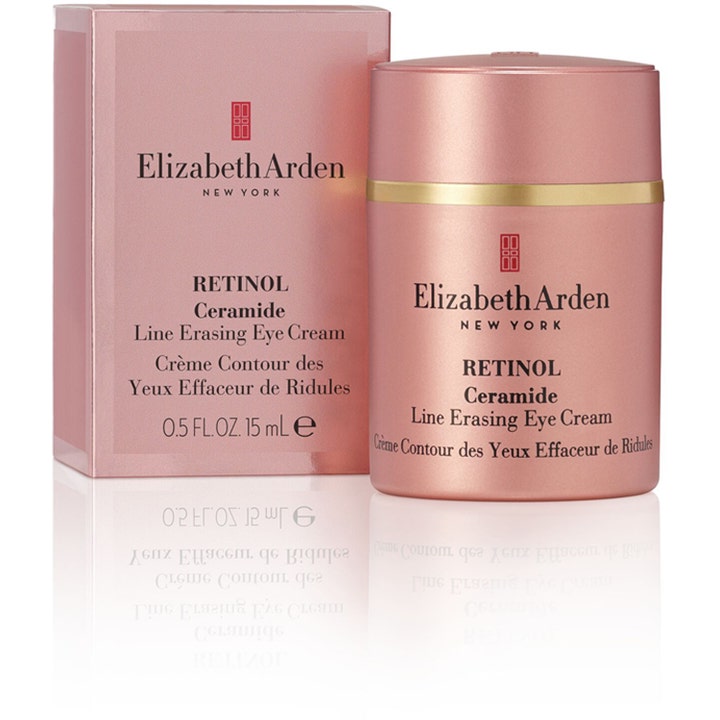 Elizabeth Arden Retinol Ceramide Eye Treatment 15 ml øjencreme reducerer rynker i lyserød krukke med guld.