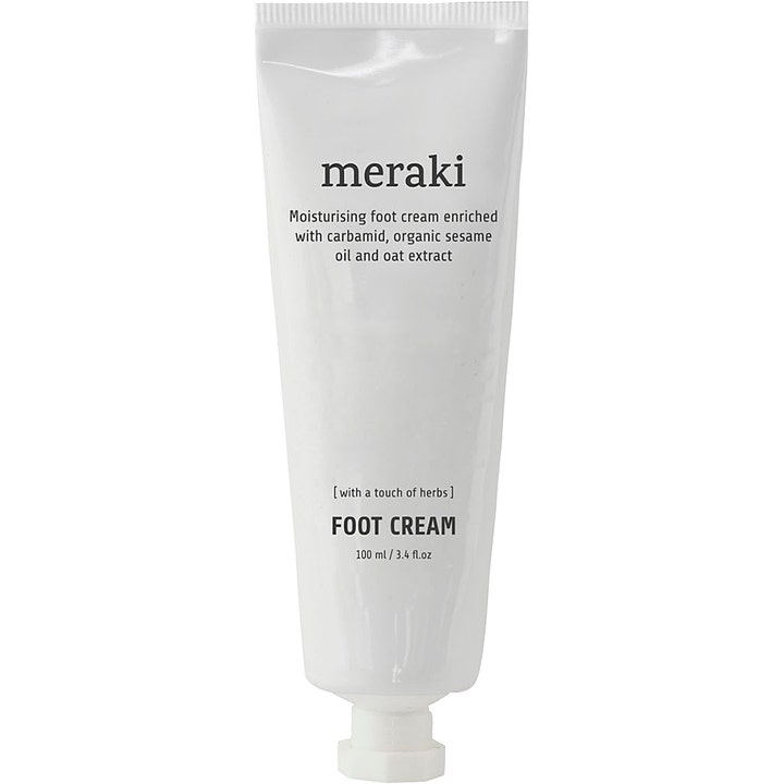 Meraki Foot Cream 100 ml fugtgivende fodcreme med carbamid i en enkel hvid tube med sort skrift.