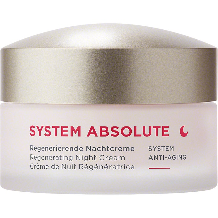 Annemarie Börlind System Absolute natcreme giver anti-aging pleje i en mat glaskrukke med elegant guldfarvet låg.