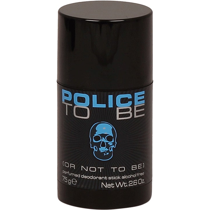 Police To Be 75ml alkoholfri deodorant stick i sort cylinderformet hylse med blåt kranie og logo.