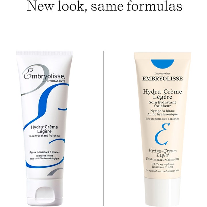 Embryolisse Hydra-Crème Légère 40 ml ansigtscreme viser nyt og gammelt design af hvide tuber med blå detaljer.