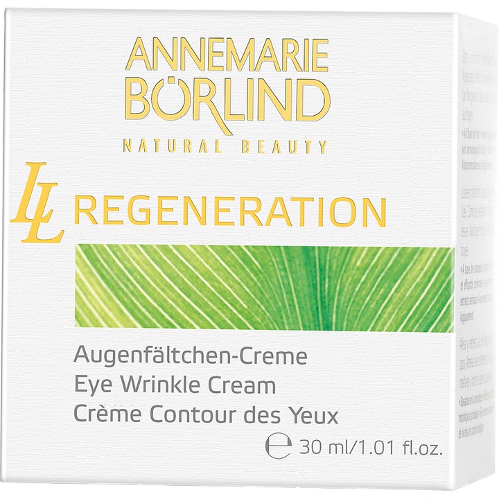 Annemarie Börlind LL Regeneration Eye Wrinkle Cream 30 ml øjencreme mod rynker i hvid papæske med guld og grønt bladmotiv.