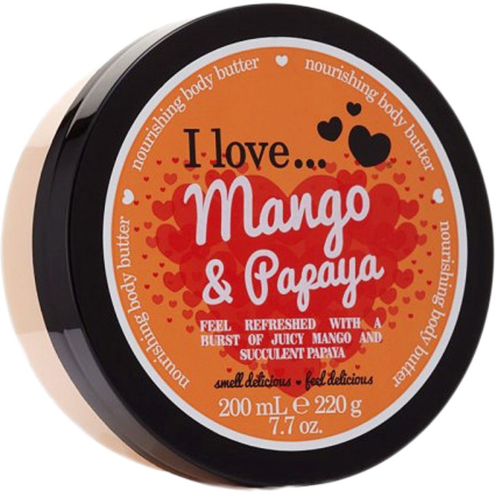 I Love Mango & Papaya 200 ml nærende body butter i krukke med orange og rød hjertegrafik