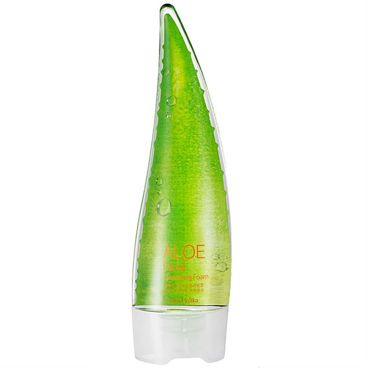 Holika Holika Aloe Facial Cleansing Foam 150ml fugtgivende ansigtsrens i grøn tube formet som et aloe vera-blad