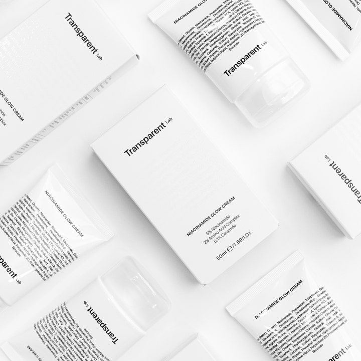 Niche Beauty Lab Transparent Lab Niacinamide Glow Cream 50 ml glødgivende dagcreme i hvid tube og æske med sort tekst