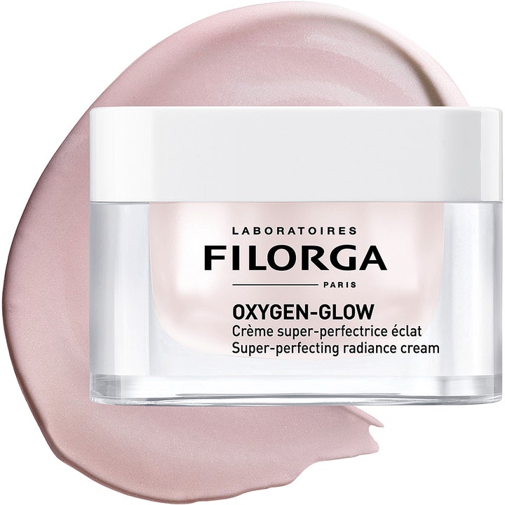 Filorga Oxygen-Glow Cream 50 ml glødgivende ansigtscreme i glaskrukke med en lyserød cremetekstur bagved