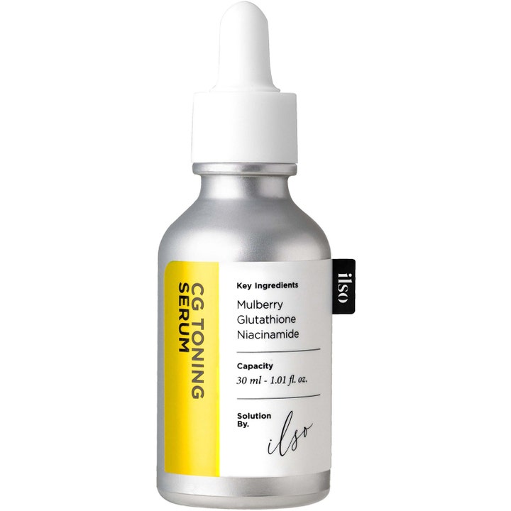 ilso CG Toning Serum 30 ml lysnende ansigtsserum i sølvfarvet flaske med hvid pipette og gul detalje
