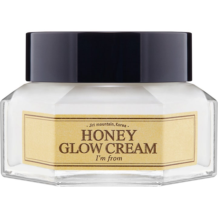 I'm from Honey Glow Cream fugtgivende ansigtscreme i sekskantet glaskrukke med sort låg og gylden etiket