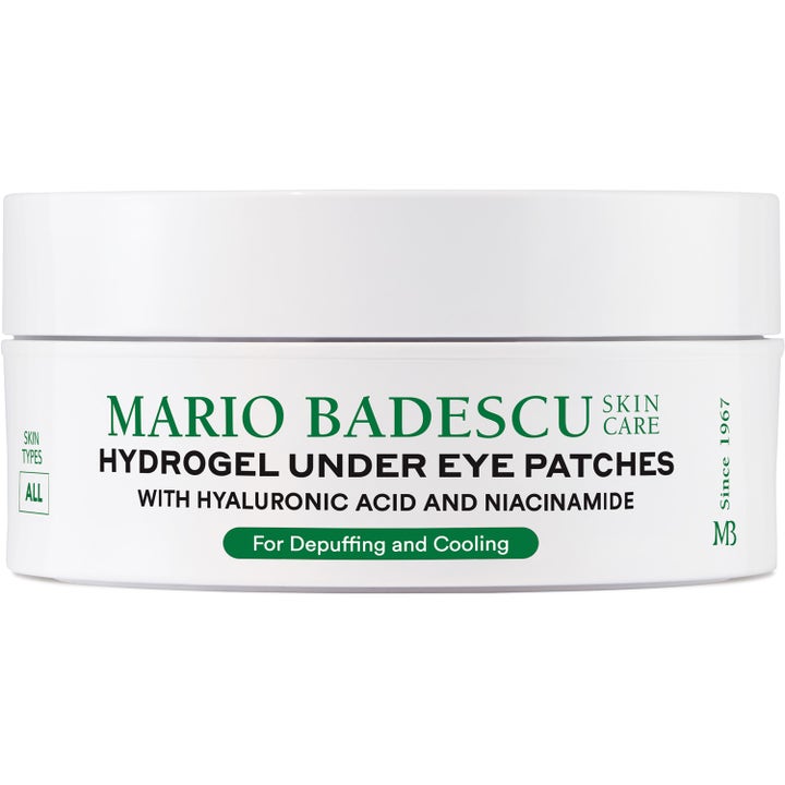 Mario Badescu Hydrogel Under Eye Patches kølende øjenmasker i hvid krukke med hyaluronsyre og niacinamid.