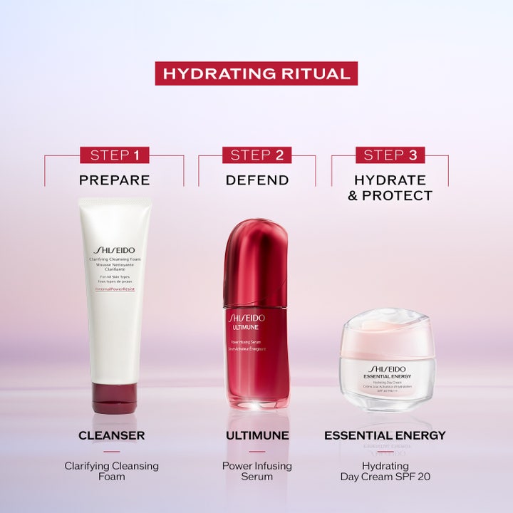 Shiseido Essential Energy Hydrating Day Cream 50 ml fugtgivende dagcreme i lyserød krukke som trin tre i en rutine.
