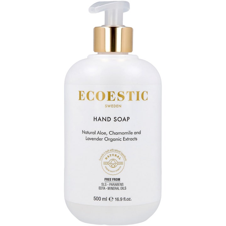 Ecoestic Hand Soap 500 ml beroligende håndsæbe med aloe vera og kamille i hvid flaske med guldpumpe.