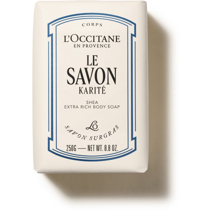 L'Occitane Shea Extra Rich Body Soap 250g fugtgivende fast sæbe i cremehvid papiremballage med blå ramme