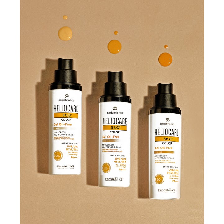 Heliocare 360 Color Gel Oil-Free Bronze 50 ml solcreme i hvide flasker med dråber af flydende tekstur.
