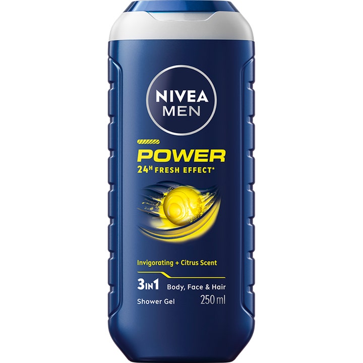 Nivea Men Power 250 ml 3-i-1 showergel der giver 24 timers friskhed i en mørkeblå flaske med gul citrusgrafik