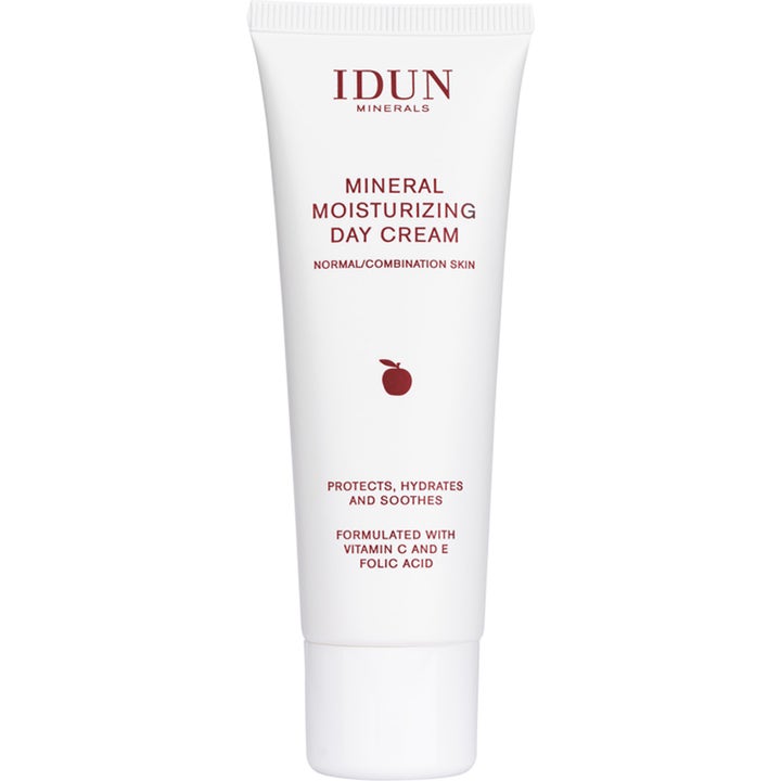 Idun Minerals Mineral Moisturizing Day Cream 50 ml fugtgivende ansigtscreme i hvid tube med rødt æbleikon