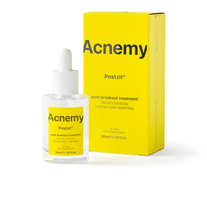 Niche Beauty Lab Acnemy Postzit 30 ml spot treatment mod mærker i klar glasflaske ved siden af gul emballage.