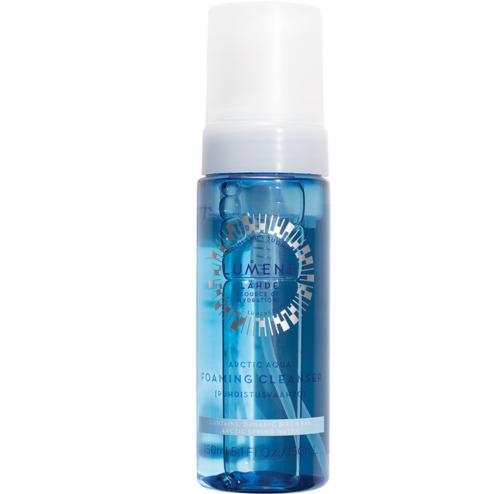 Lumene Lähde Arctic Aqua Foaming Cleanser 150ml fugtgivende skumrens i gennemsigtig blå plastflaske med hvid pumpe