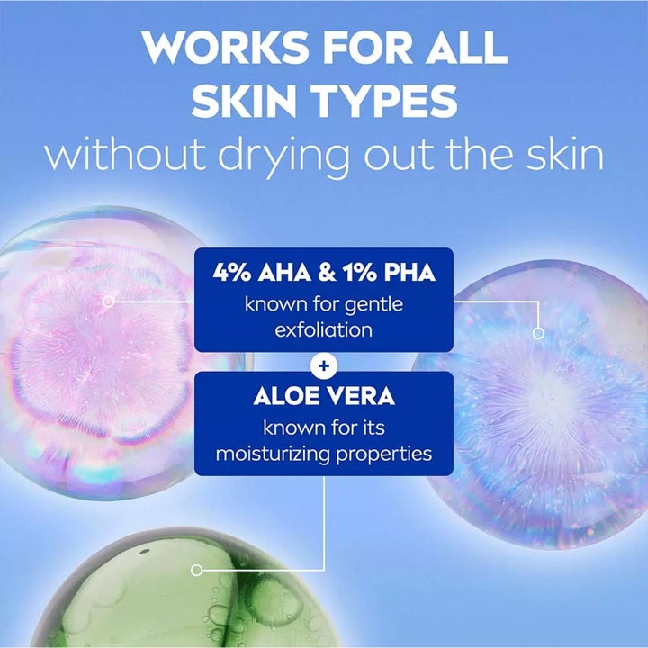 NIVEA Exfoliator Luminous630 Skin Glow 100 ml ansigtsrens med 4% AHA 1% PHA og aloe vera vist i en grafik.