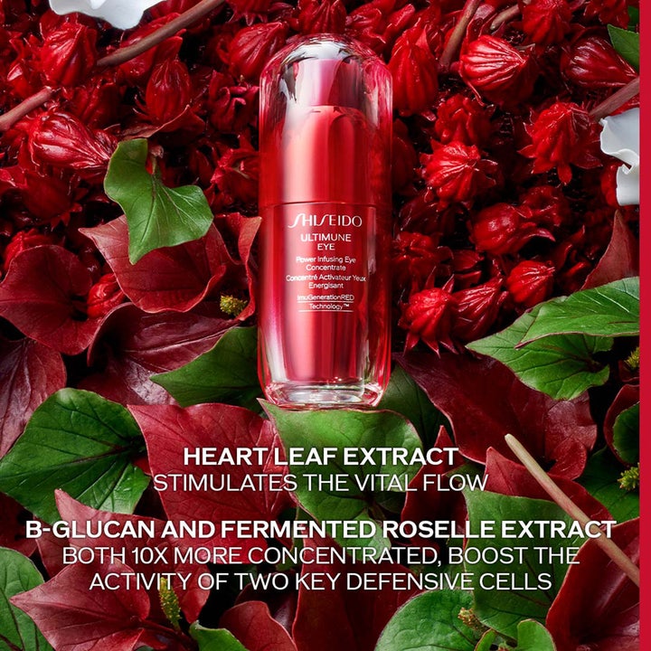 Shiseido Ultimune Eye Concentrate 15 ml øjencreme i rød glasflaske omgivet af hjerteblade og roselle