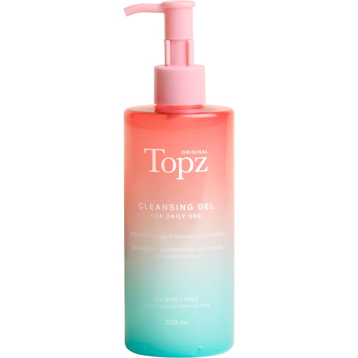 Topz Original Cleansing Gel 300 ml rensende ansigtsgel med niacinamid i koral og turkis gradientflaske med pumpe