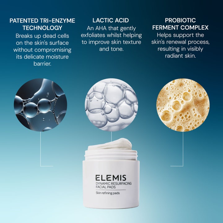 Elemis Dynamic Resurfacing Pads 60 stk giver jævnere hudtone og reducerer rødme vist i et 14 dages før og efter billede.