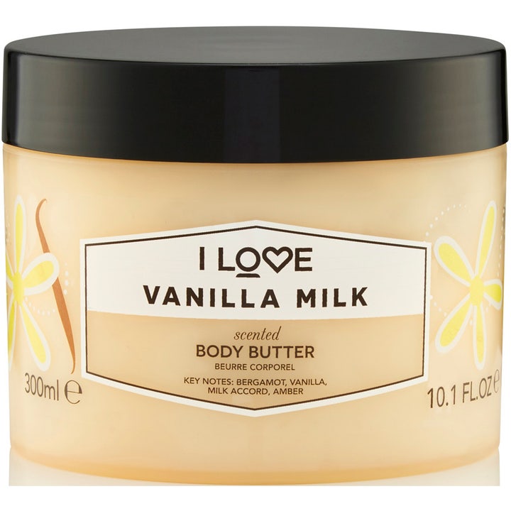 I Love Vanilla Milk 300 ml fugtgivende body butter i en beige krukke med sort låg og gule blomsterdetaljer