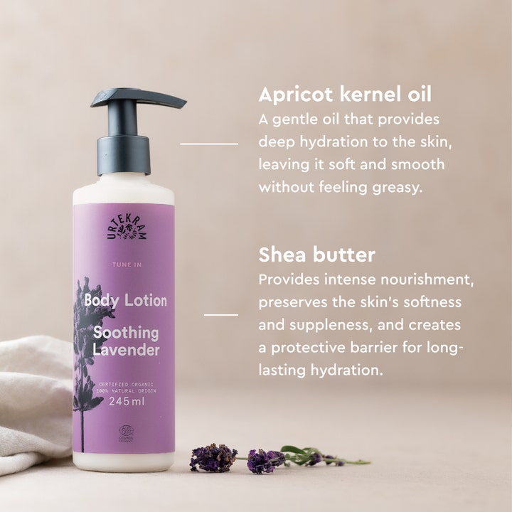 Urtekram Soothing Lavender Body Lotion 245 ml plejer med sheasmør og abrikoskerneolie i lilla flaske med pumpe.