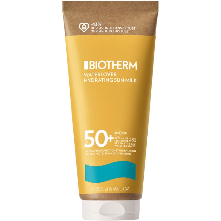 Biotherm Waterlover Hydrating Sun Milk 200 ml fugtgivende solcreme med SPF 50 i gul tube af papmateriale