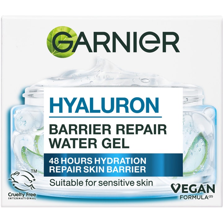 Garnier Hyaluron Barrier Repair Gelcreme 50 ml fugtgivende dagcreme i hvid æske med vegansk formel og Cruelty Free logo