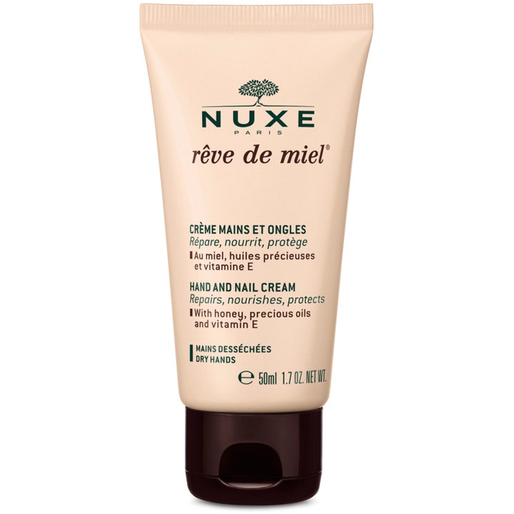 Nuxe Rêve de Miel Hand and Nail Cream 50ml reparerende håndcreme med honning i beige tube med brunt låg