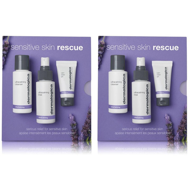 Dermalogica Sensitive Skin Rescue 3-pak beroligende hudplejesæt med hvide flasker i lilla æske med lavendel