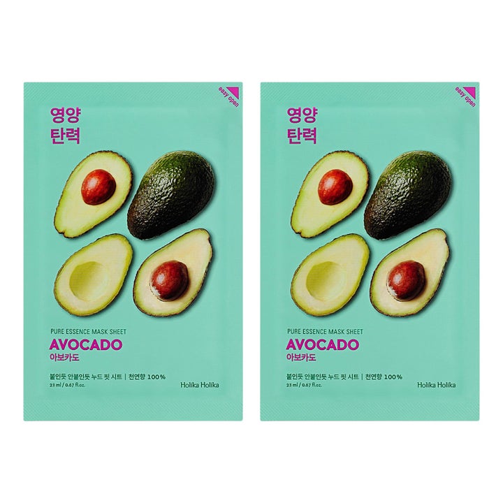 Holika Holika Pure Essence Mask Sheet Avocado 20 ml nærende sheet maske i lysegrøn indpakning prydet med avocadoer