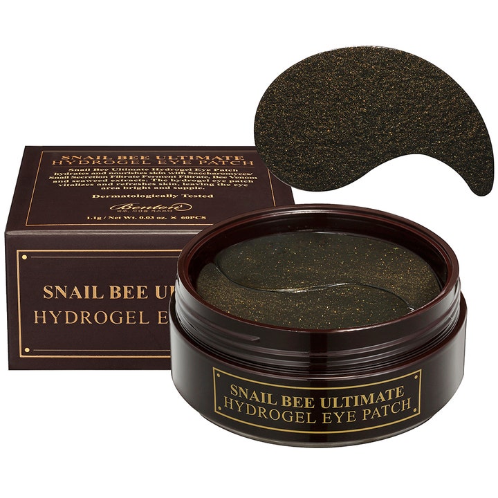 Benton Snail Bee Ultimate Hydrogel Eye Patch 60 stk fugtgivende øjenmasker i mørkebrun krukke med glitrende sorte patches.