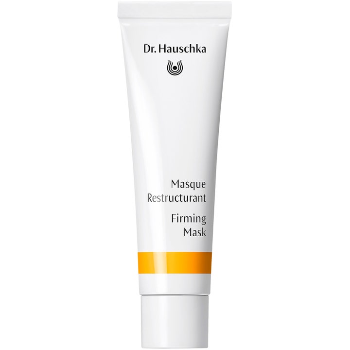 Dr. Hauschka Firming Mask opstrammende ansigtsmaske i hvid tube med en gul stribe der genopbygger huden