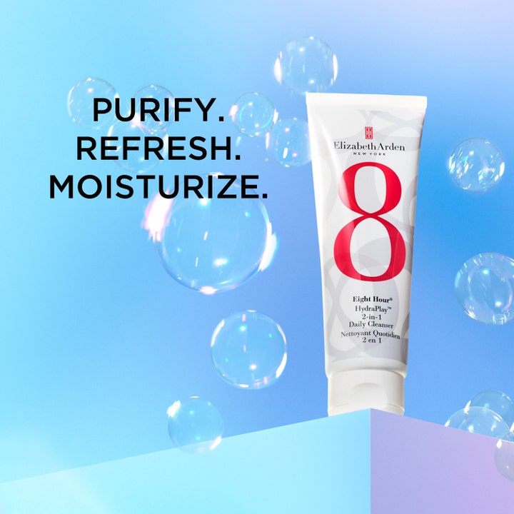 Elizabeth Arden Eight Hour Hydraplay Cleanser 125 ml fugtgivende 2-i-1 ansigtsrens i hvid tube med svævende bobler