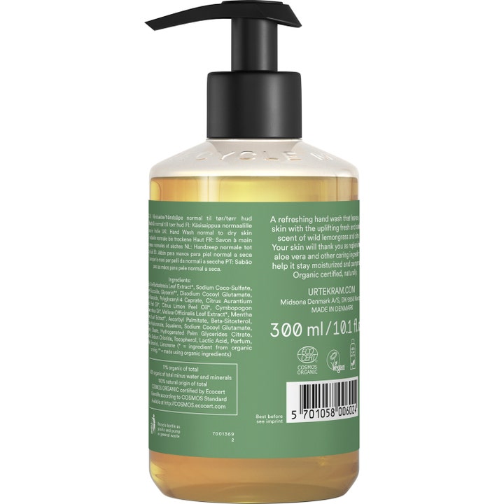 Urtekram Hand Wash Wild Lemongrass 300 ml fugtgivende håndsæbe viser flaskens bagside med ingredienser og sort pumpe