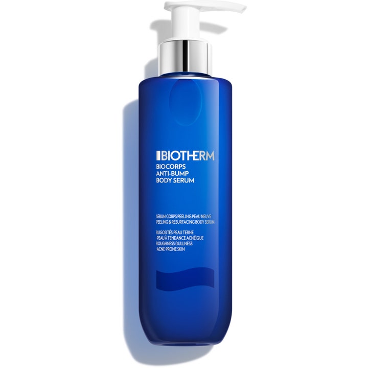 Biotherm Biocorps Anti-Bump Body Serum 200 ml eksfolierende kropsserum i blå gennemsigtig flaske med hvid pumpe