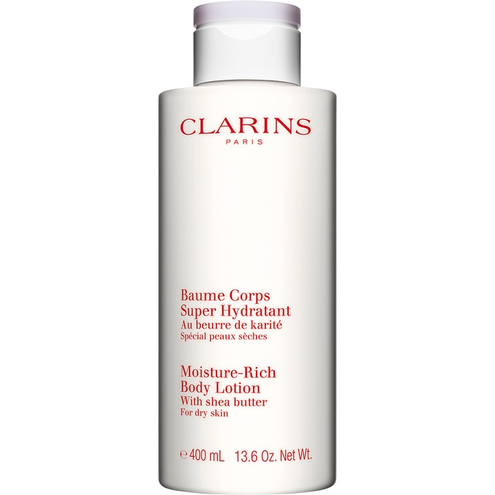 Clarins Moisture-Rich Body Lotion 400 ml nærende kropspleje med sheasmør i hvid flaske med røde bogstaver