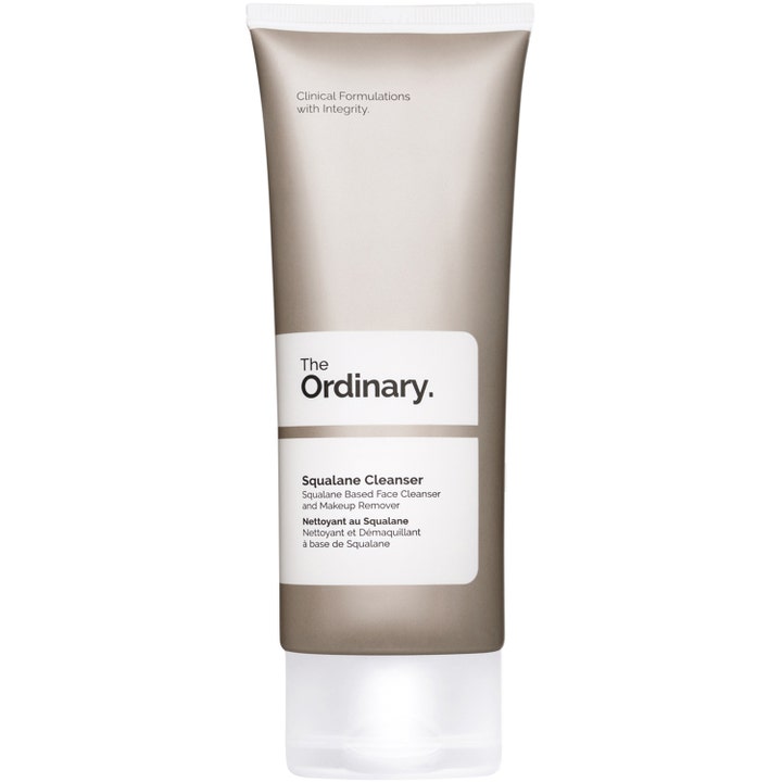 The Ordinary Squalane Cleanser 150 ml fugtgivende ansigtsrens i en stor gråbrun tube med hvid etiket og hvidt låg