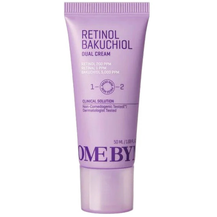 Some By Mi Retinol Bakuchiol Dual Cream 50 ml forbedrer hudens tekstur i en lys lilla tube med lilla skruelåg.