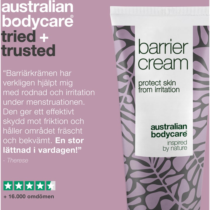 Australian Bodycare Barrier Cream 100 ml mod irritation i hvid tube med bladmønster og kundeanmeldelse.