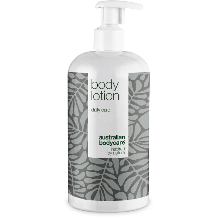 Australian Bodycare Body Lotion fugtgivende kropspleje i hvid pumpeflaske dekoreret med grå blade