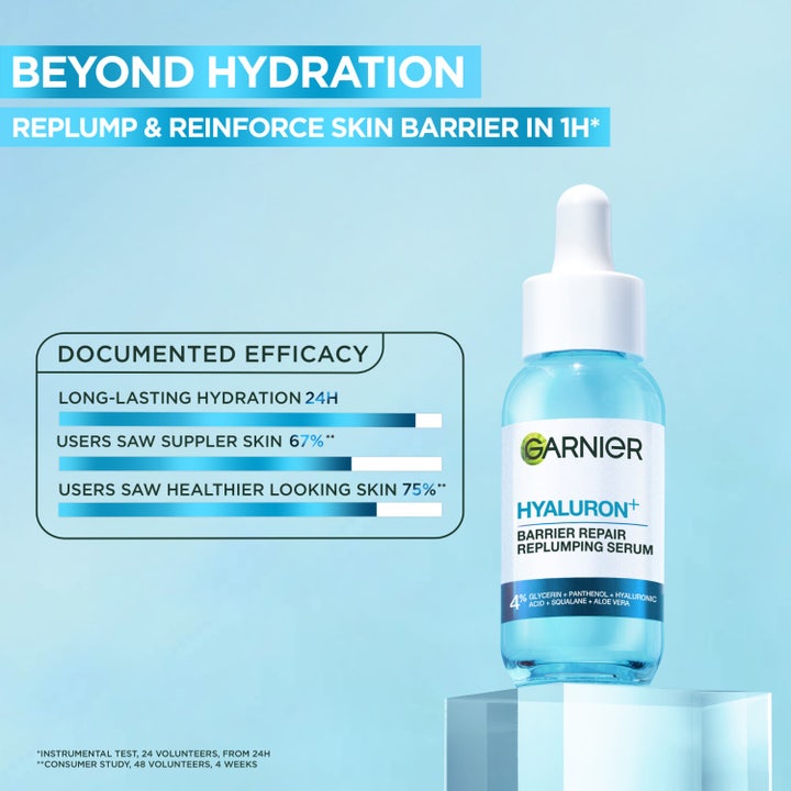Garnier Hyaluron+ Barrier Repair Replumping Serum 30 ml fugtgivende serum i glasflaske og infografik