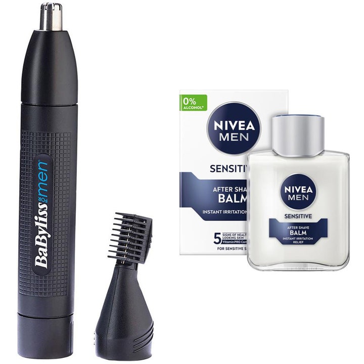 BaByliss for Men Grooming Sæt med Nivea Men After Shave Balm mod irritation og sort næsehårstrimmer