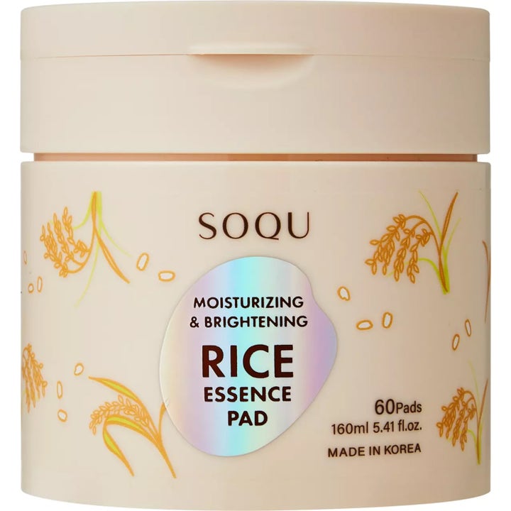 SOQU Rice Essence Pad 60 stk lysnende ansigtspads i beige plastikbeholder med holografisk label og rismotiv
