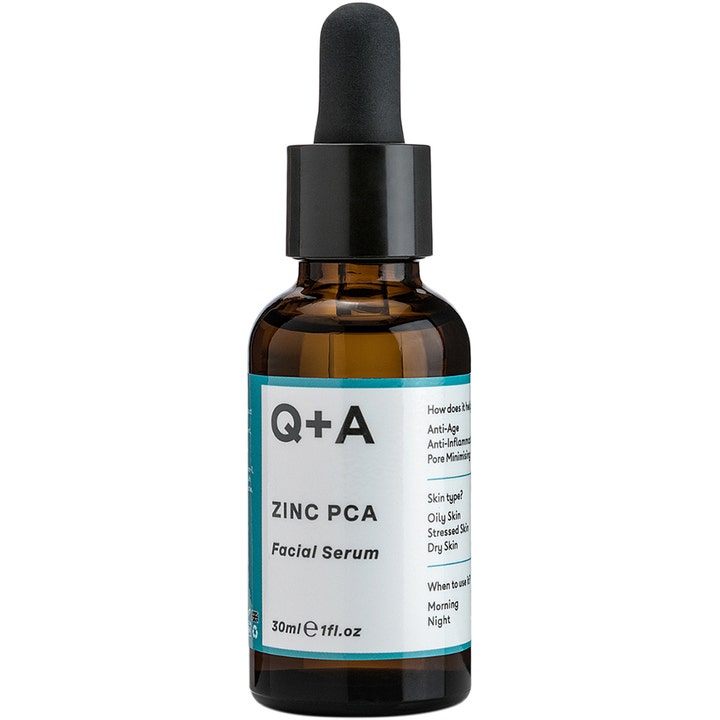 Q+A Zinc PCA Facial Serum 30ml poreminimerende ansigtsserum i brun glasflaske med hvid label og sort pipette