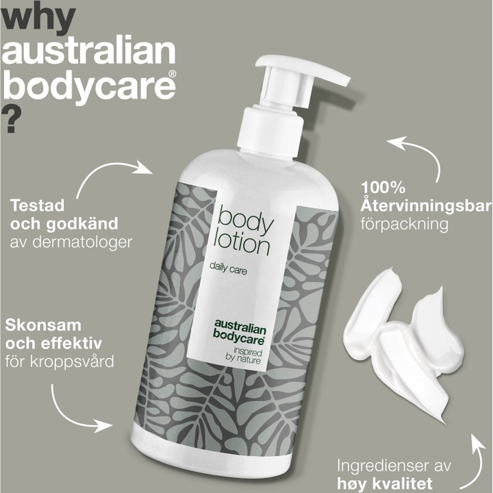 Australian Bodycare Body Lotion 500 ml med Tea Tree Oil hvid pumpeflaske cremet tekstur og genanvendelig emballage