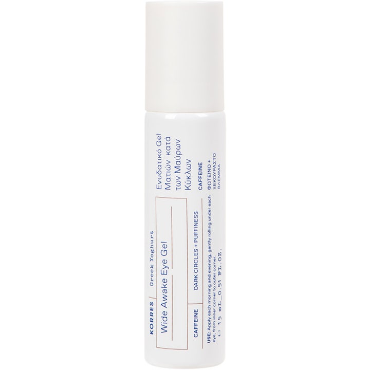 KORRES Greek Yoghurt Wide Awake Eye Gel 15 ml øjengel mod mørke rande i hvid roller med koffein